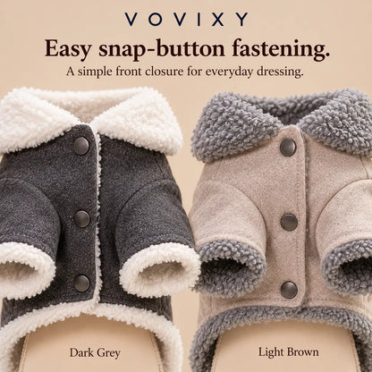 Dark Grey and Light Brown velvet dog coats showing front snap-button fastenings