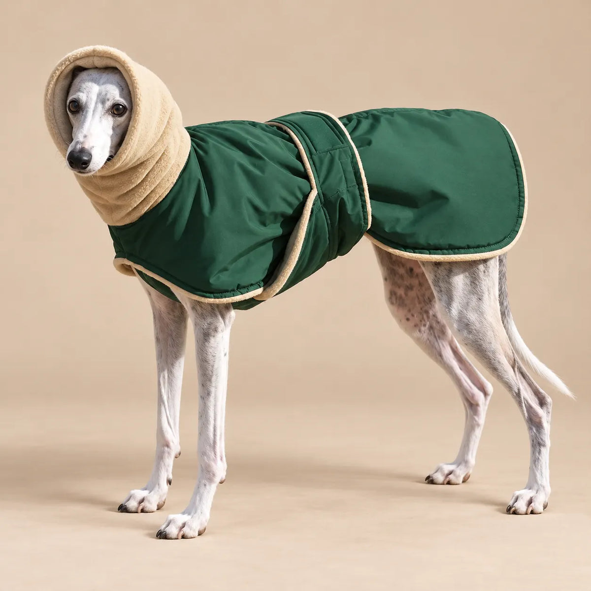 Sighthound wearing a Forest Green fleece lined dog coat with an extended cream collar