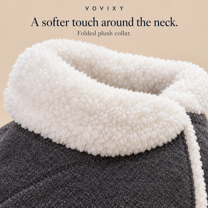 Folded cream plush collar on a Dark Grey velvet winter dog coat