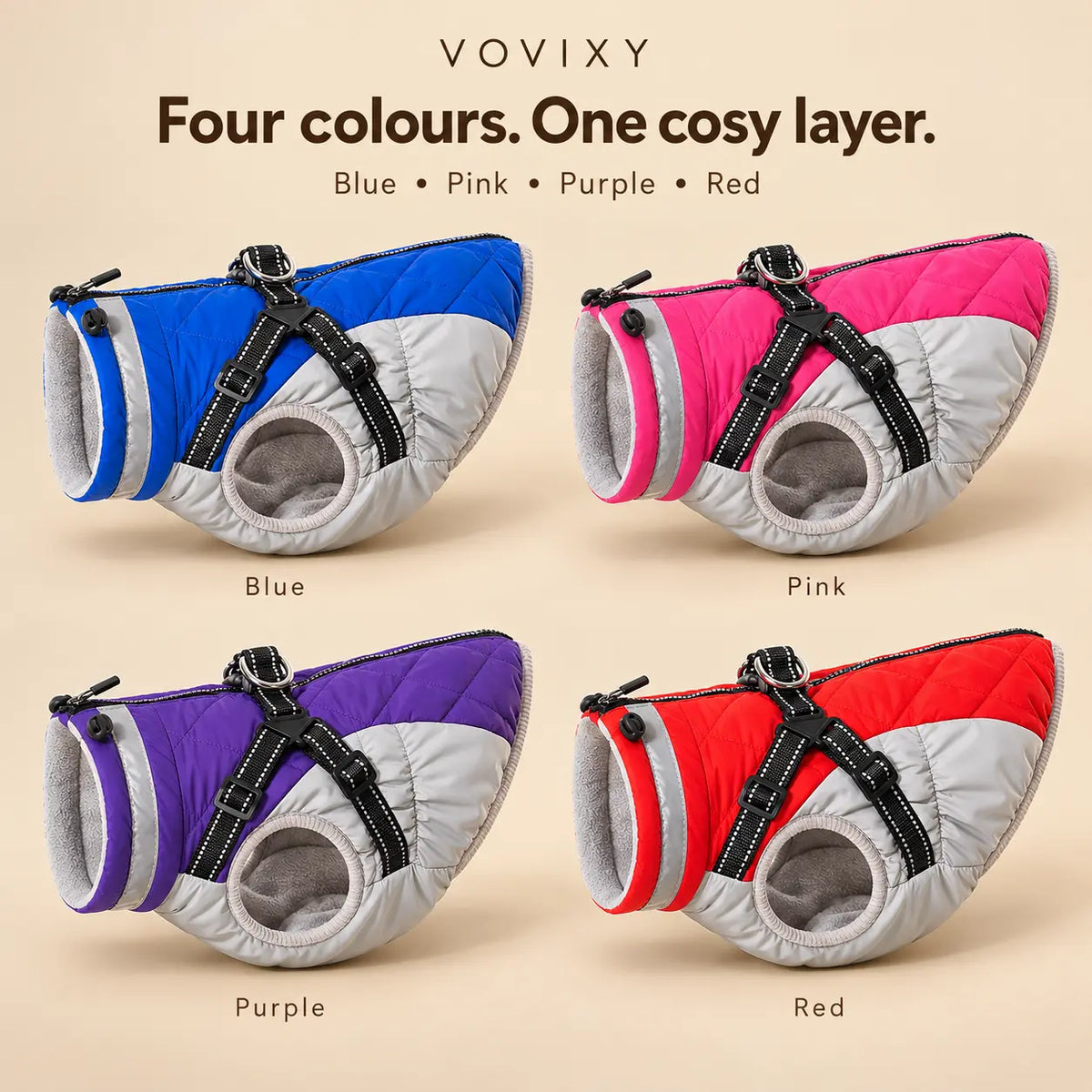 Fleece-lined dog jacket collection in Blue, Pink, Purple and Red with light-grey panels