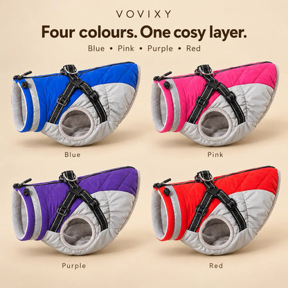 Fleece-lined dog jacket collection in Blue, Pink, Purple and Red with light-grey panels