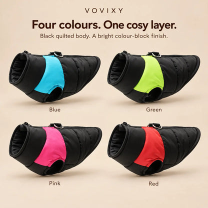 VOVIXY quilted dog vest in Blue, Green, Pink and Red, each with a black body