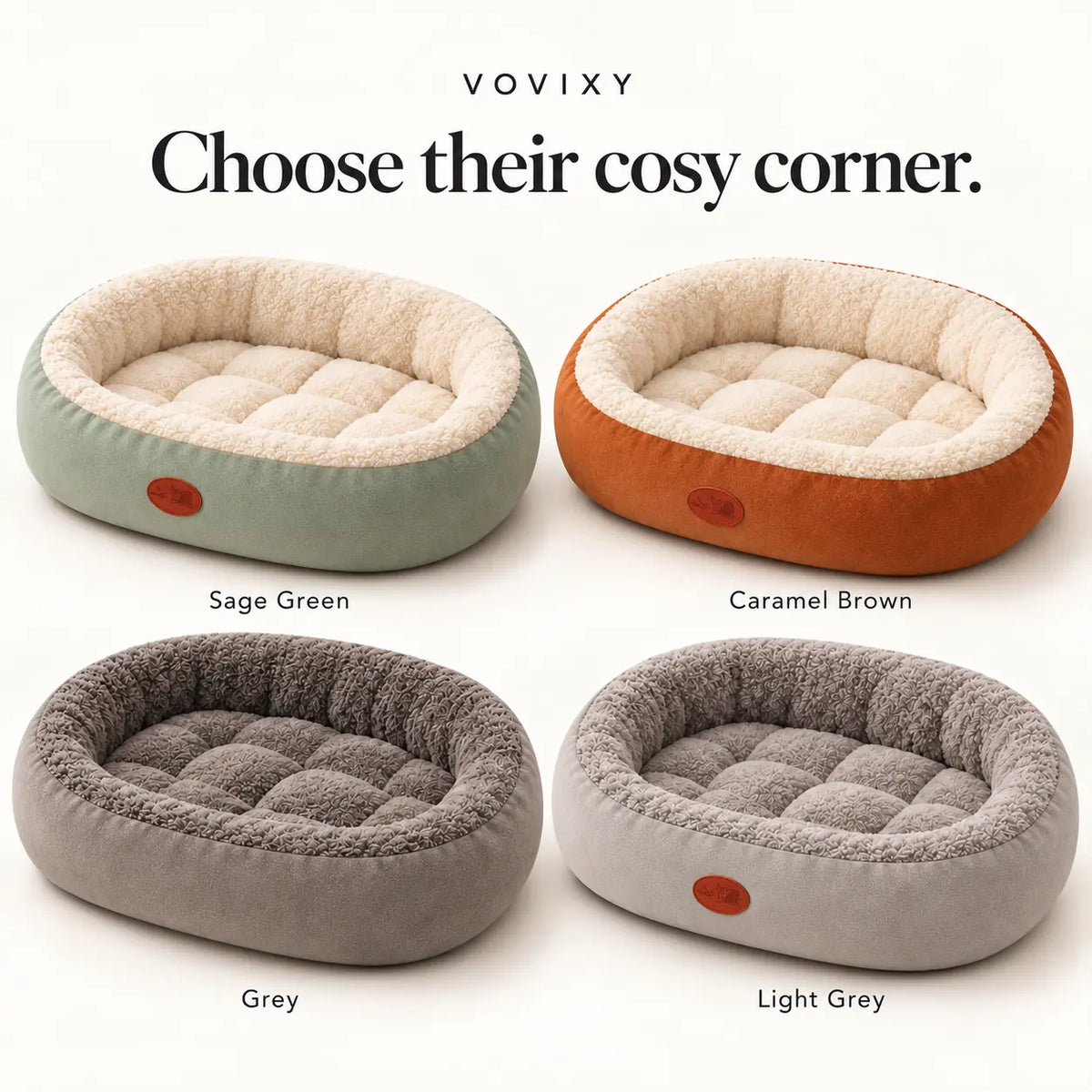 Sage Green, Caramel Brown, Grey and Light Grey oval bolster pet beds displayed together