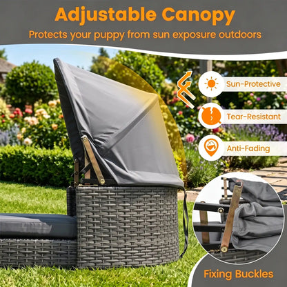 Elevated Rattan Dog Bed with Canopy