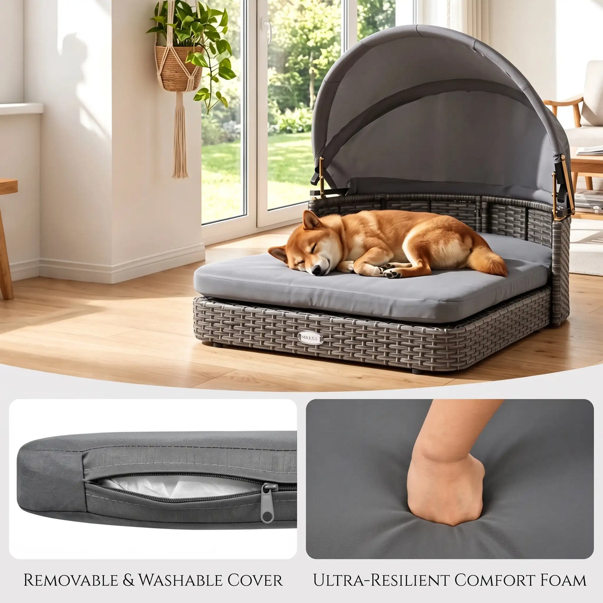 Elevated Rattan Dog Bed with Canopy