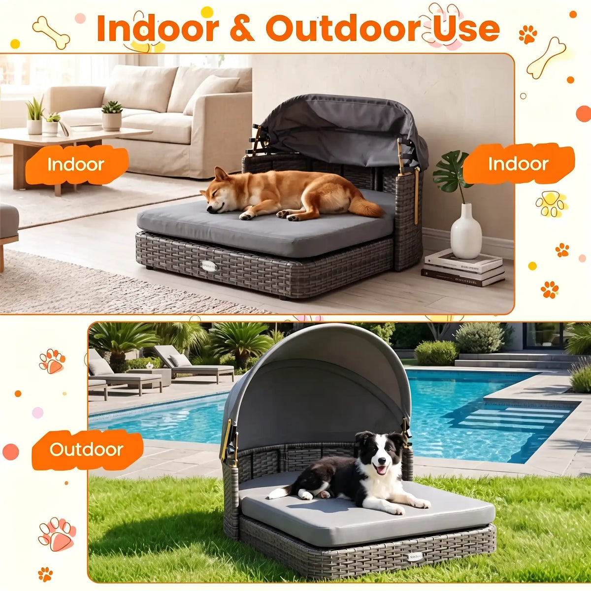 Elevated Rattan Dog Bed with Canopy