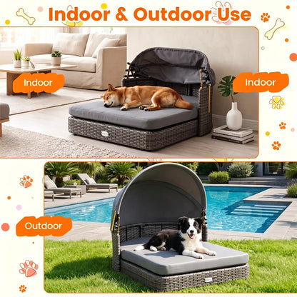 Elevated Rattan Dog Bed with Canopy