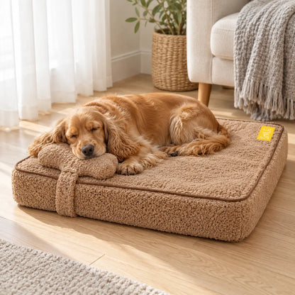 Golden Cocker Spaniel resting on a coffee plush dog bed with its head on the bow cushion