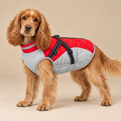 Golden English Cocker Spaniel wearing the red and light-grey fleece-lined dog jacket