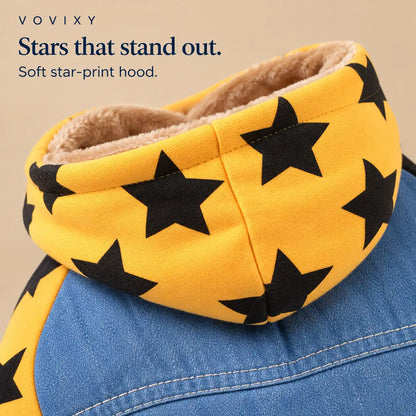 Yellow hood with bold black stars and plush lining on the washed-blue denim dog hoodie