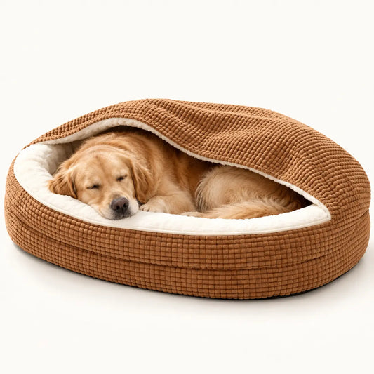Golden Retriever resting in a Khaki waffle hooded dog cave bed with cream plush lining