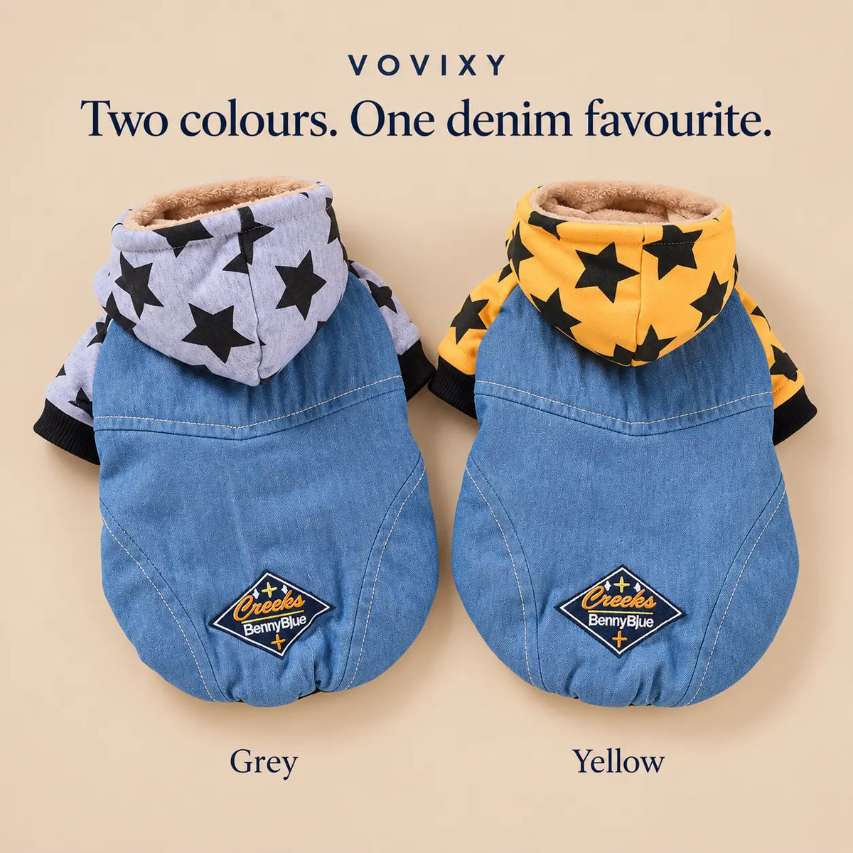 Grey and Yellow star-print denim dog hoodies displayed together, showing the hood and sleeve colour options
