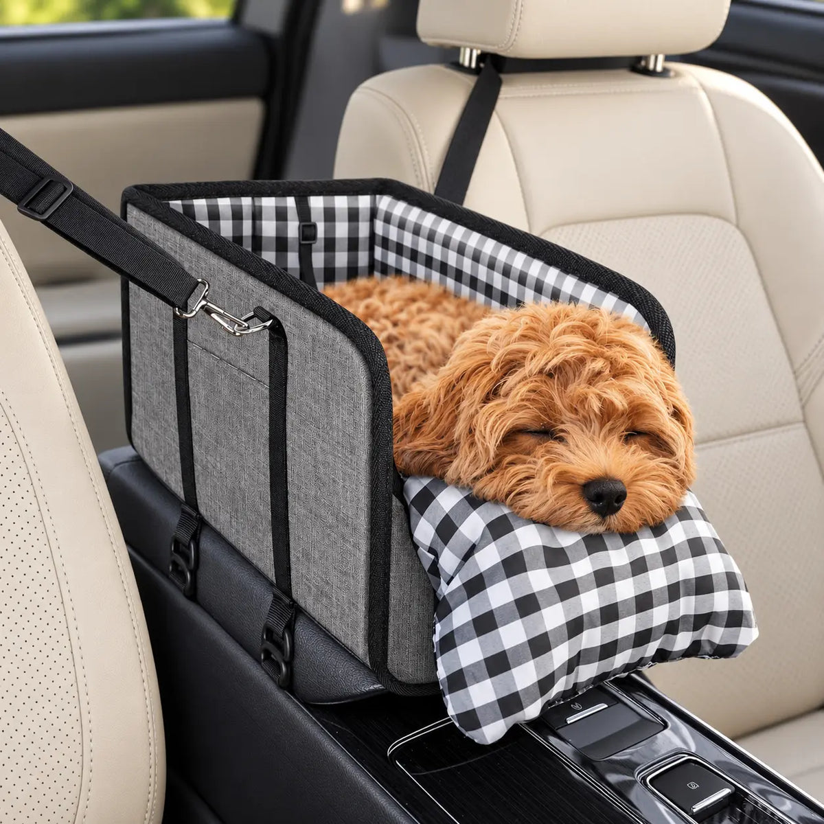 Grey console pet car seat with a small apricot dog resting on the black-and-white plaid front cushion