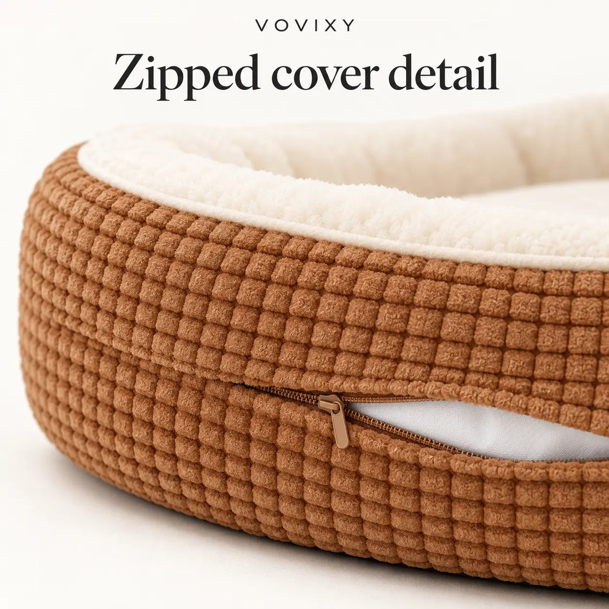 Close-up of the zip opening on the Khaki waffle dog bed cover