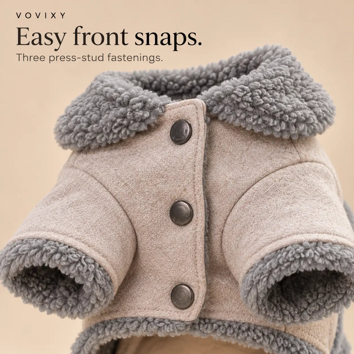 Front view of a Light Brown dog coat with three snap buttons and grey plush collar