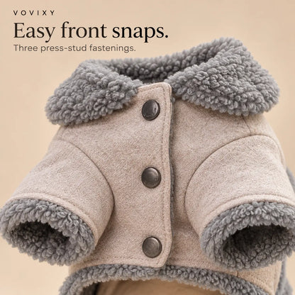 Front view of a Light Brown dog coat with three snap buttons and grey plush collar