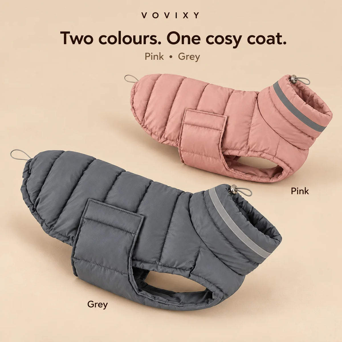 Pink and grey padded winter dog coats with raised collars, reflective strips and adjustable belly wraps