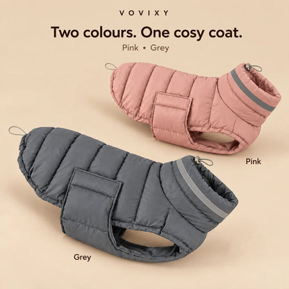 Pink and grey padded winter dog coats with raised collars, reflective strips and adjustable belly wraps