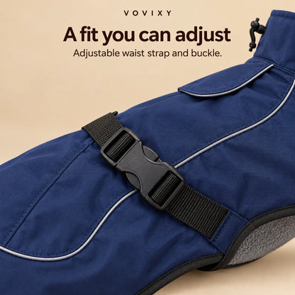 Close-up of the adjustable waist strap and black buckle on the Navy Blue dog windbreaker