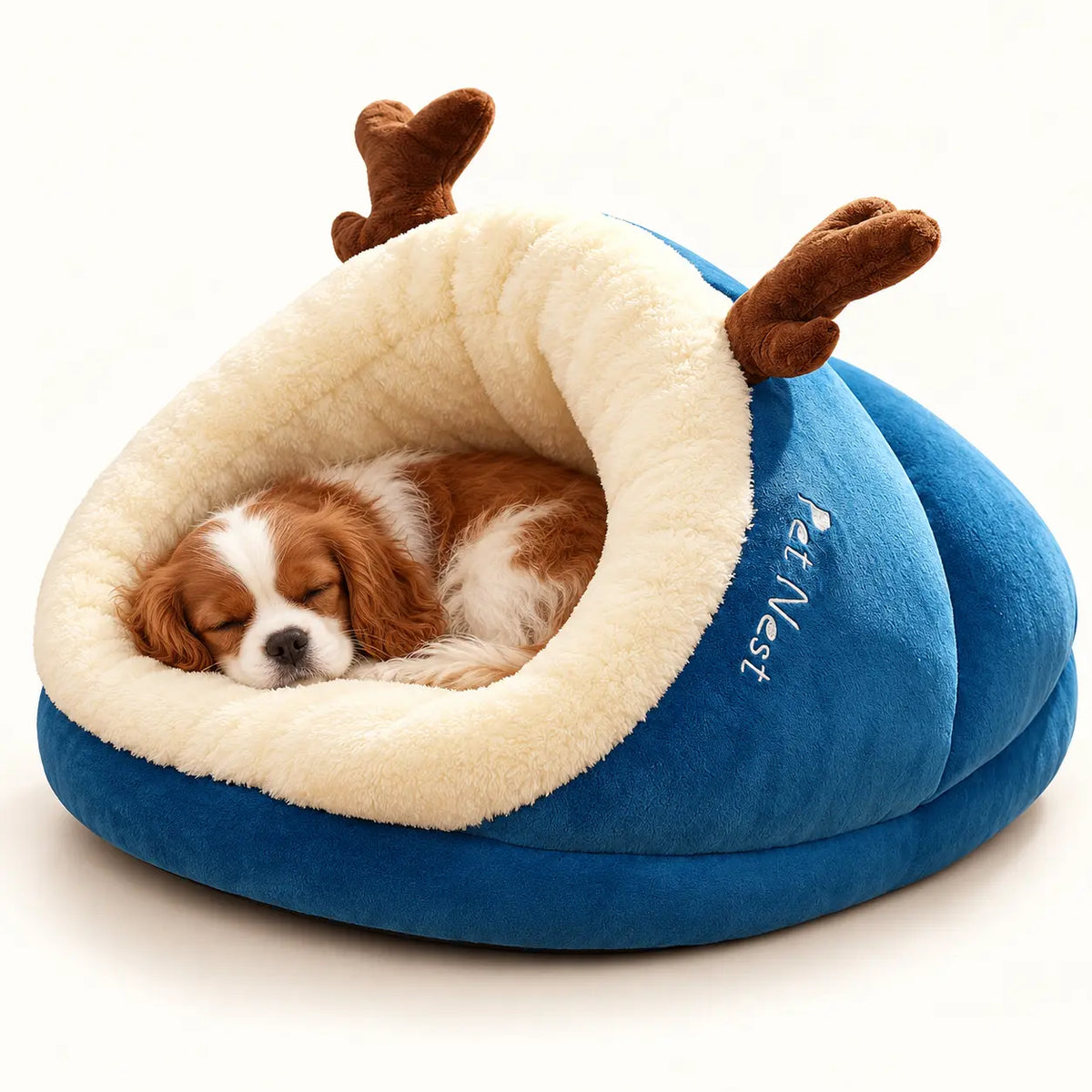 Small brown-and-white dog sleeping inside an Ocean Blue slipper pet bed