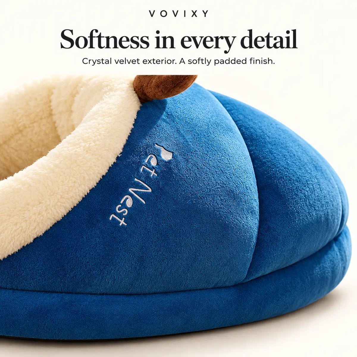 Close-up of crystal velvet fabric and seam detail on the Ocean Blue slipper pet bed