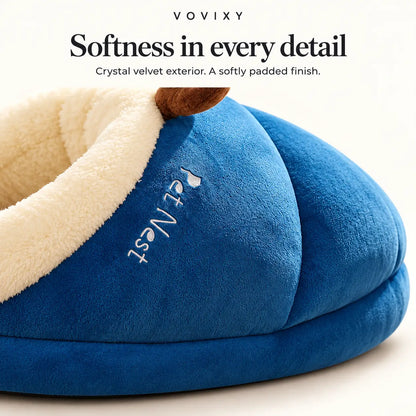 Close-up of crystal velvet fabric and seam detail on the Ocean Blue slipper pet bed