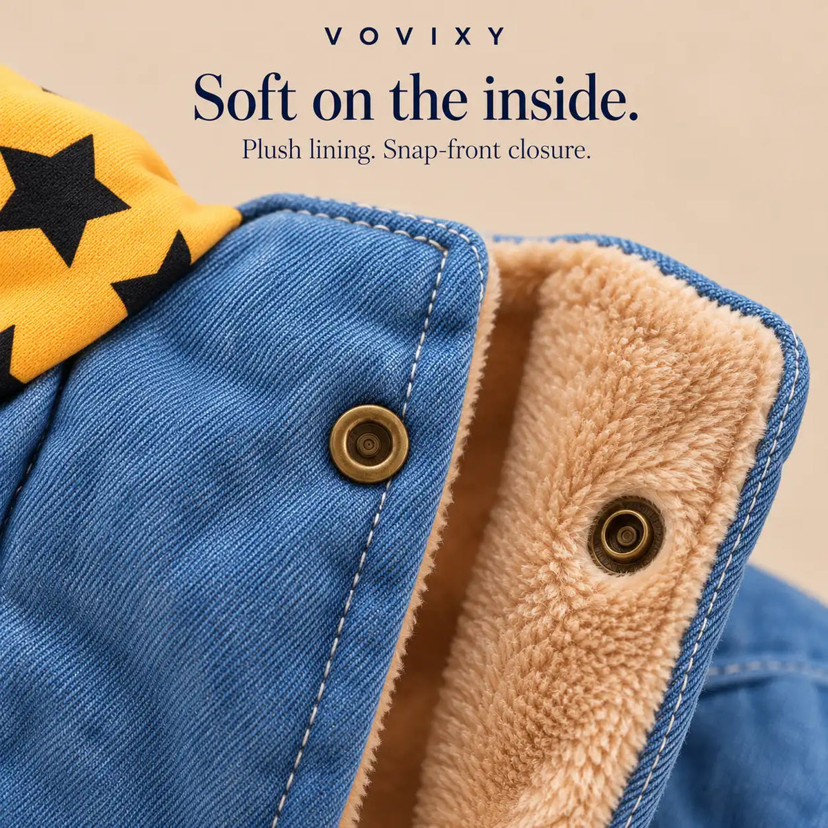 Close-up of plush lining and front snap-button fastening on the Yellow star-print denim dog hoodie