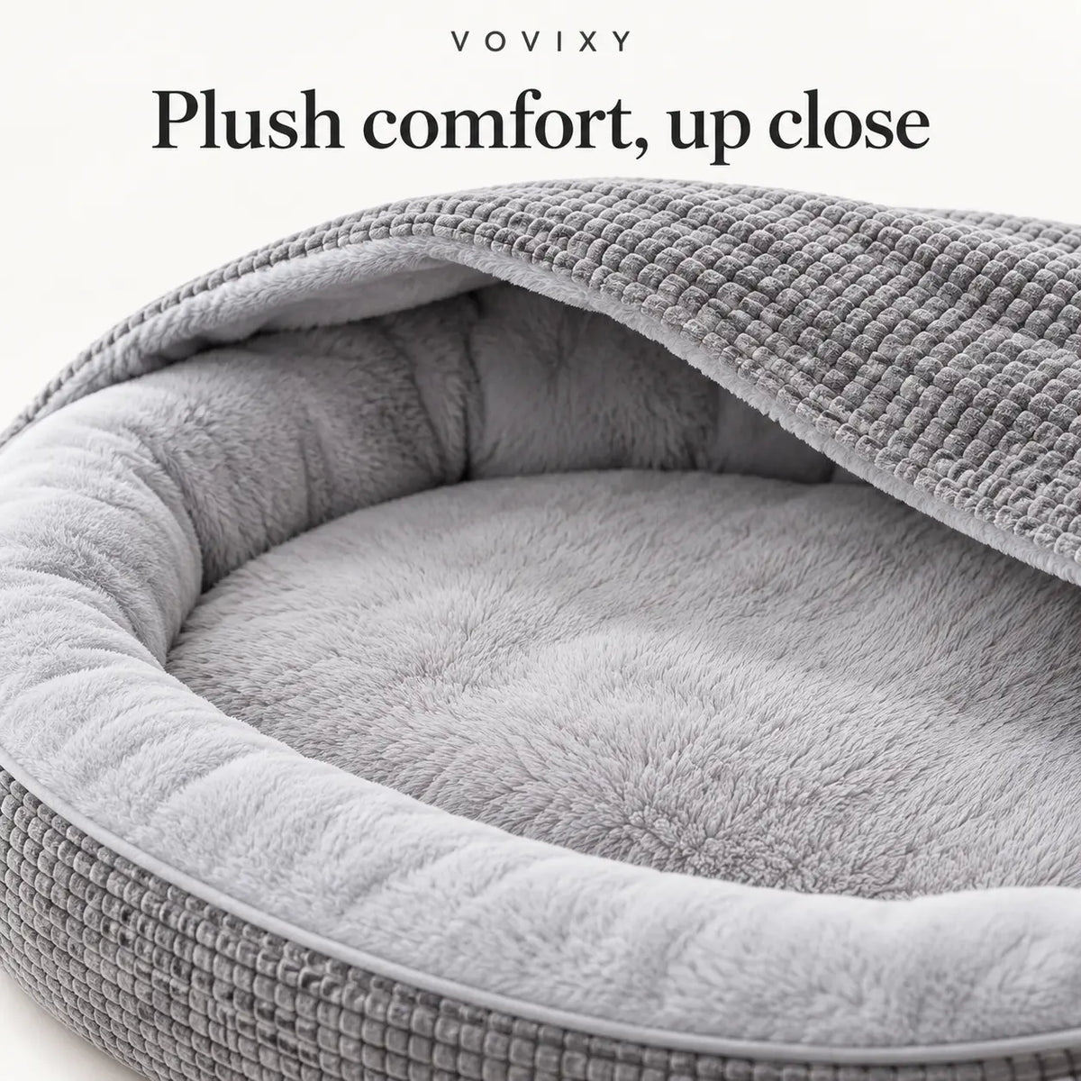 Light Gray dog cave bed showing its soft plush lining and padded rim beneath the hood