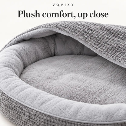 Light Gray dog cave bed showing its soft plush lining and padded rim beneath the hood