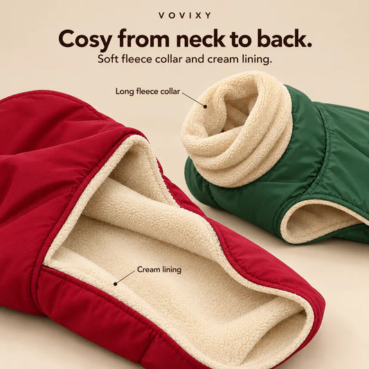 Crimson red and forest green dog coats showing cream fleece lining and long fleece collars
