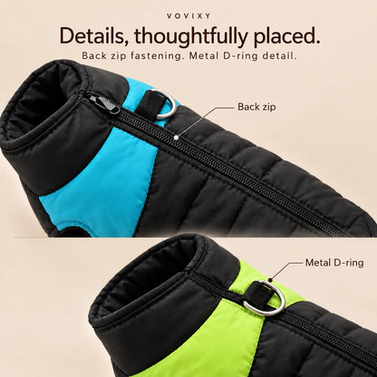 Close-up of the back zip and metal D-ring on the blue and green quilted dog vests