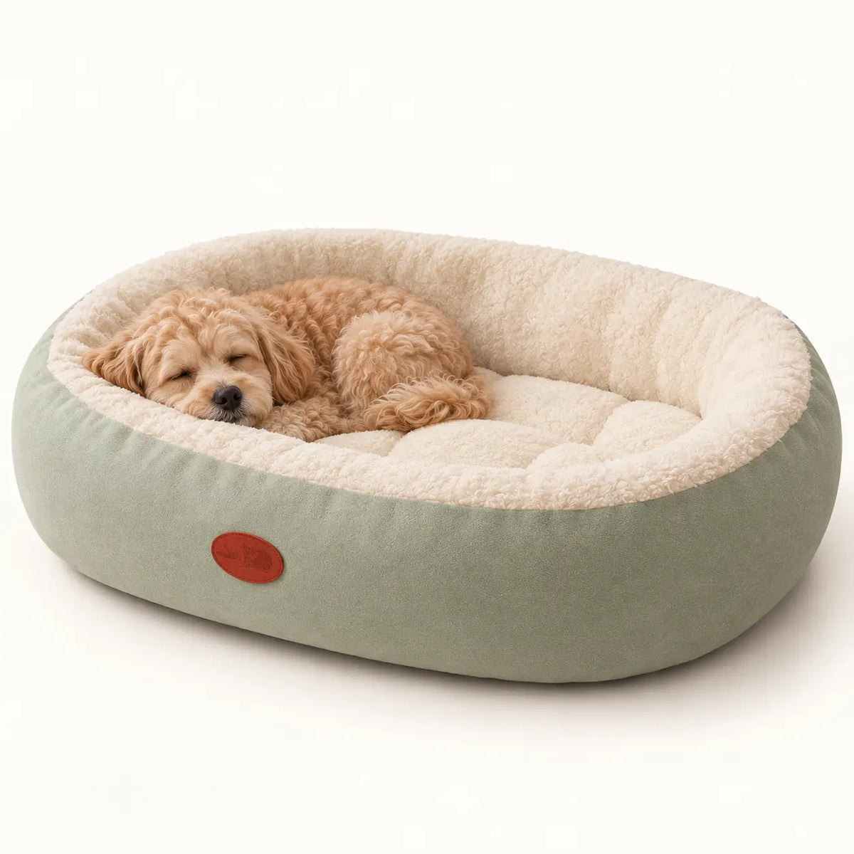 Small apricot dog resting in a Sage Green oval pet bed with cream plush lining