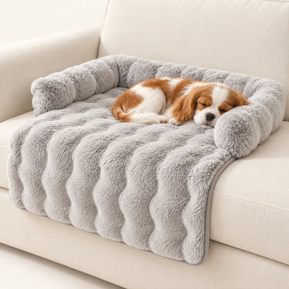 Brown-and-white dog sleeping on a Light Gray plush dog sofa mat