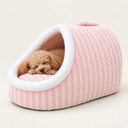 Pink Macaron pet cave bed with a sleeping apricot Toy Poodle