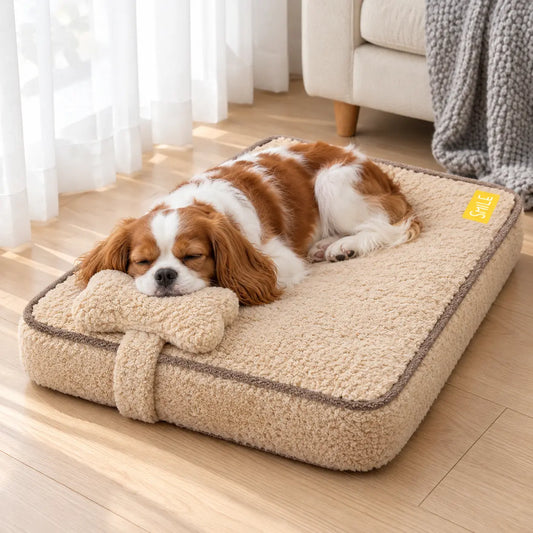 Cavalier sleeping on a beige plush dog bed with its head resting on the matching bow-shaped cushion