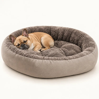 French Bulldog sleeping in a Grey bolster pet bed with a quilted plush centre