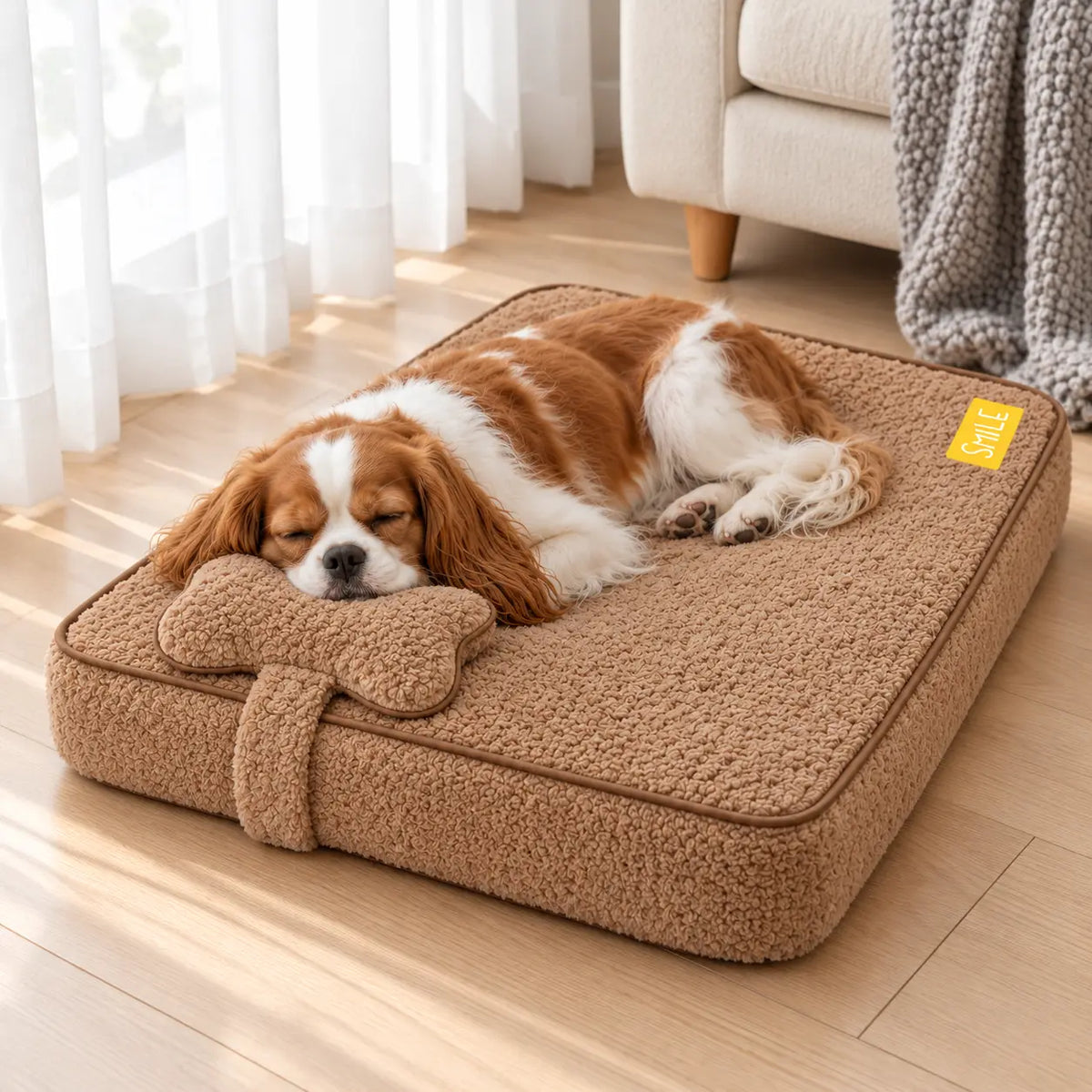 Cavalier sleeping on a coffee plush dog bed with a matching bow-shaped pillow