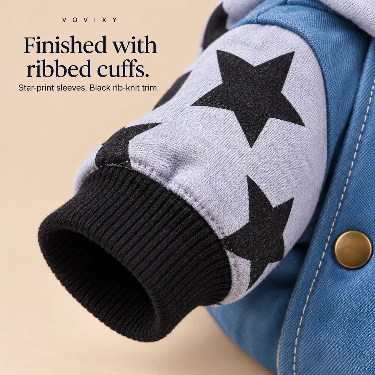 Grey star-print sleeve and black ribbed cuff on the denim dog hoodie