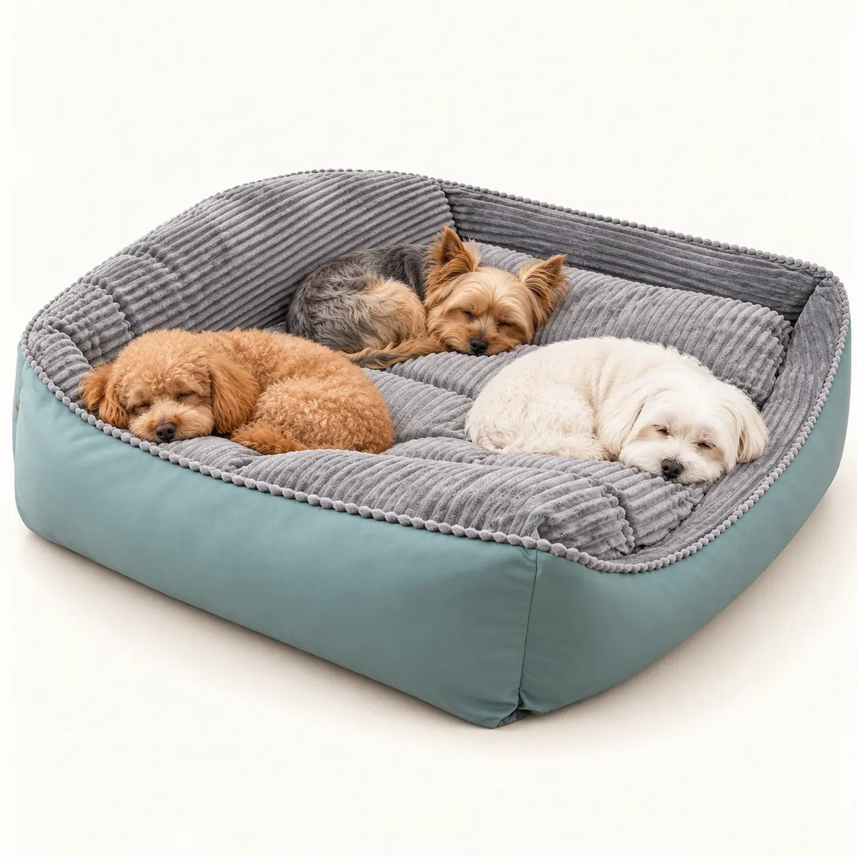 Three small dogs resting together in the grey ribbed velvet and seafoam dog sofa bed