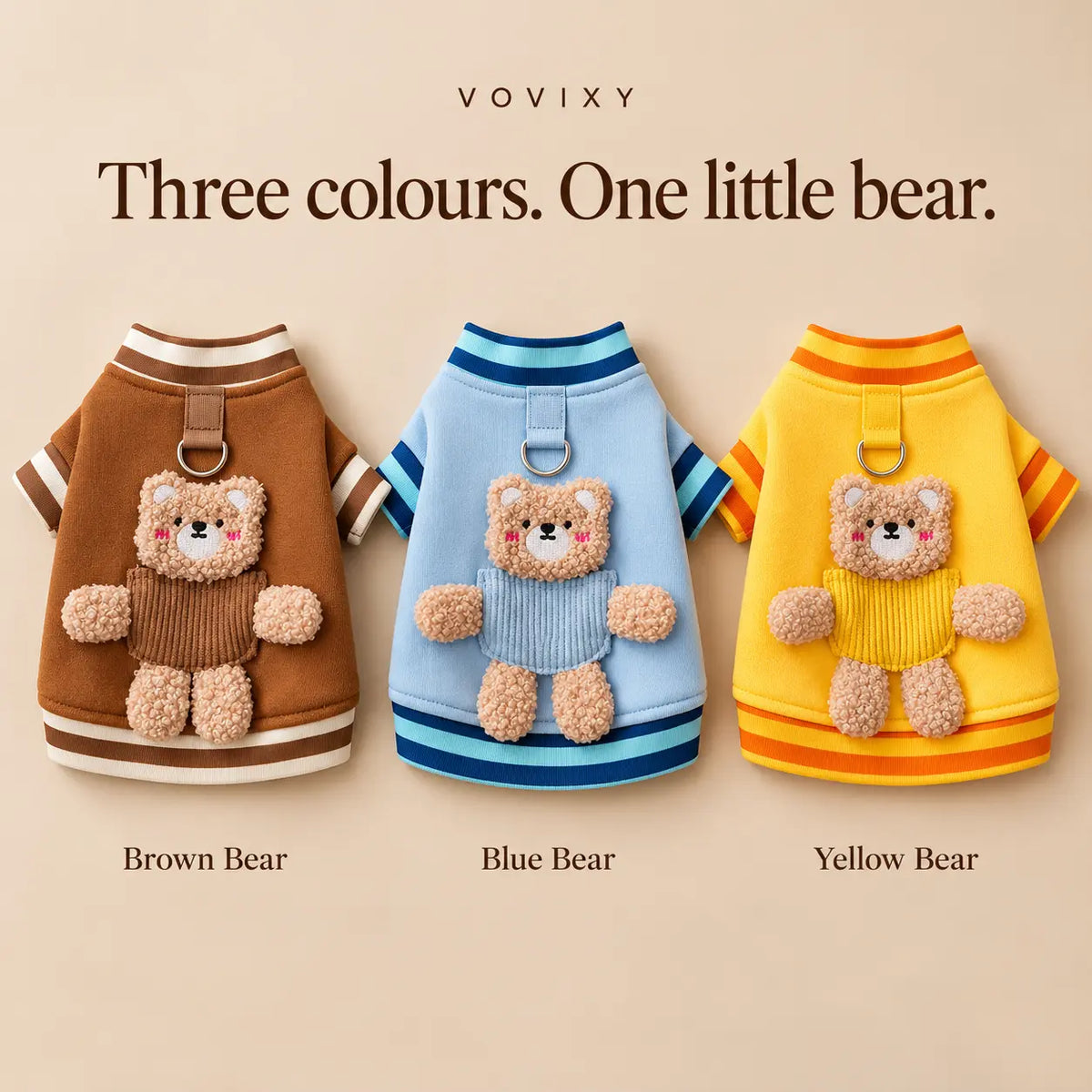 Brown Bear, Blue Bear and Yellow Bear dog sweatshirts with plush teddy bear appliqués and striped trims