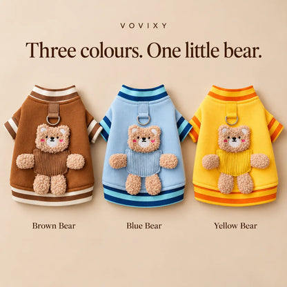 Brown Bear, Blue Bear and Yellow Bear dog sweatshirts with plush teddy bear appliqués and striped trims