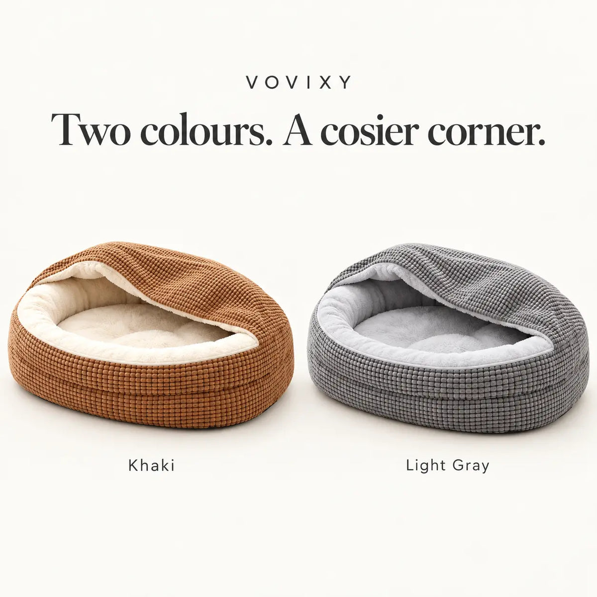 Khaki and Light Gray waffle hooded dog cave beds displayed together