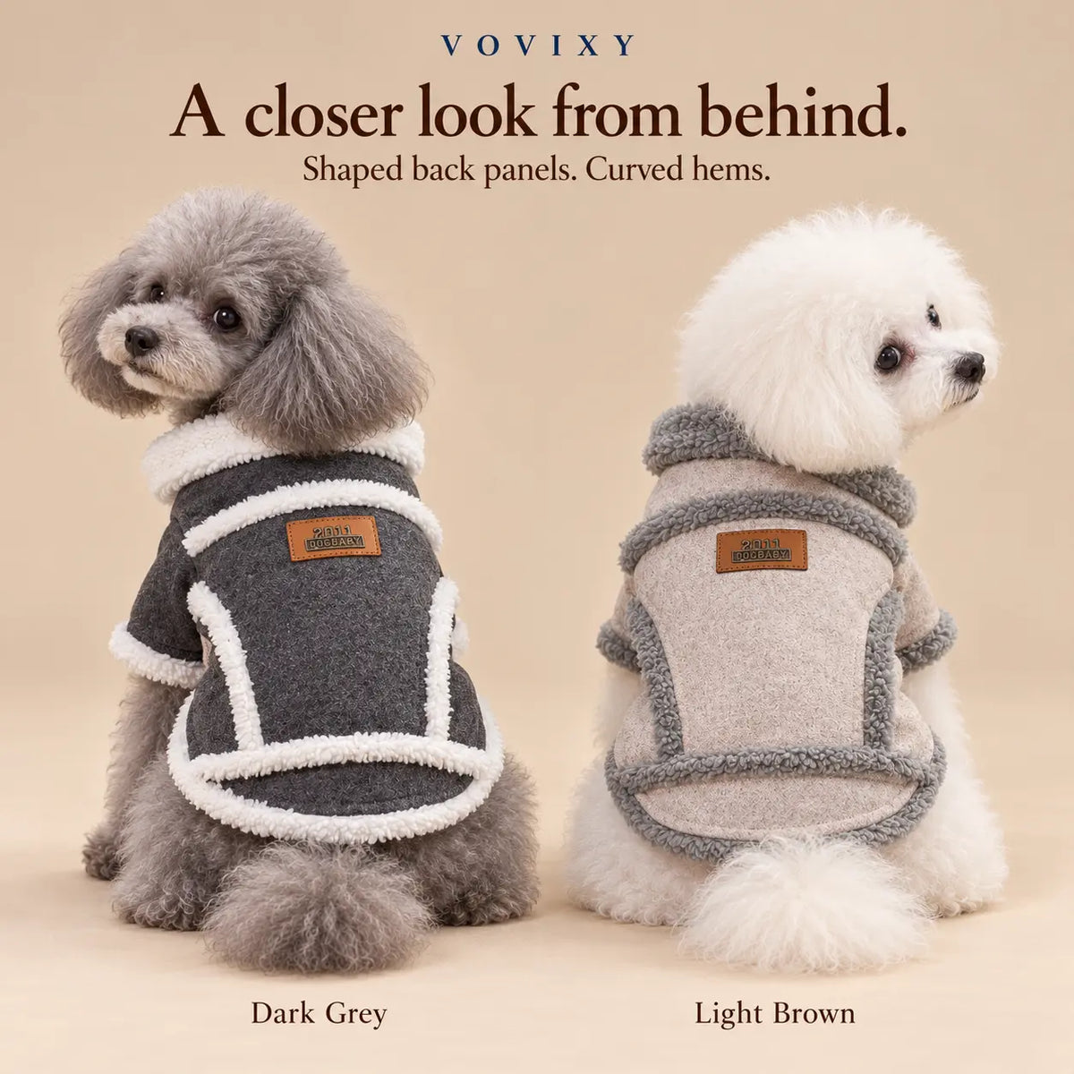 Two small dogs wearing Dark Grey and Light Brown plush trim winter coats, viewed from behind