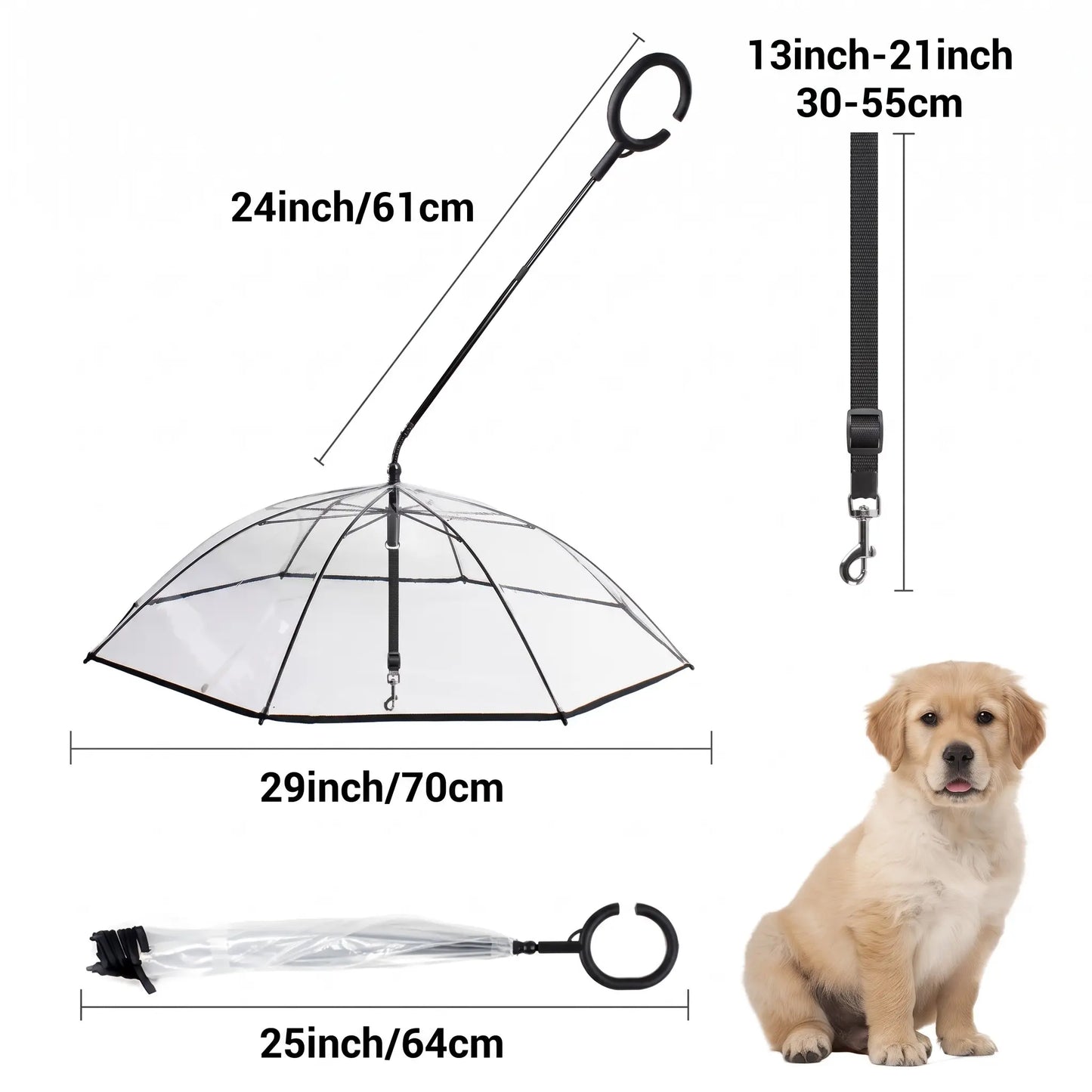 Clear Dog Umbrella with Leash — Keeps Small Dogs Dry on Rainy Walks