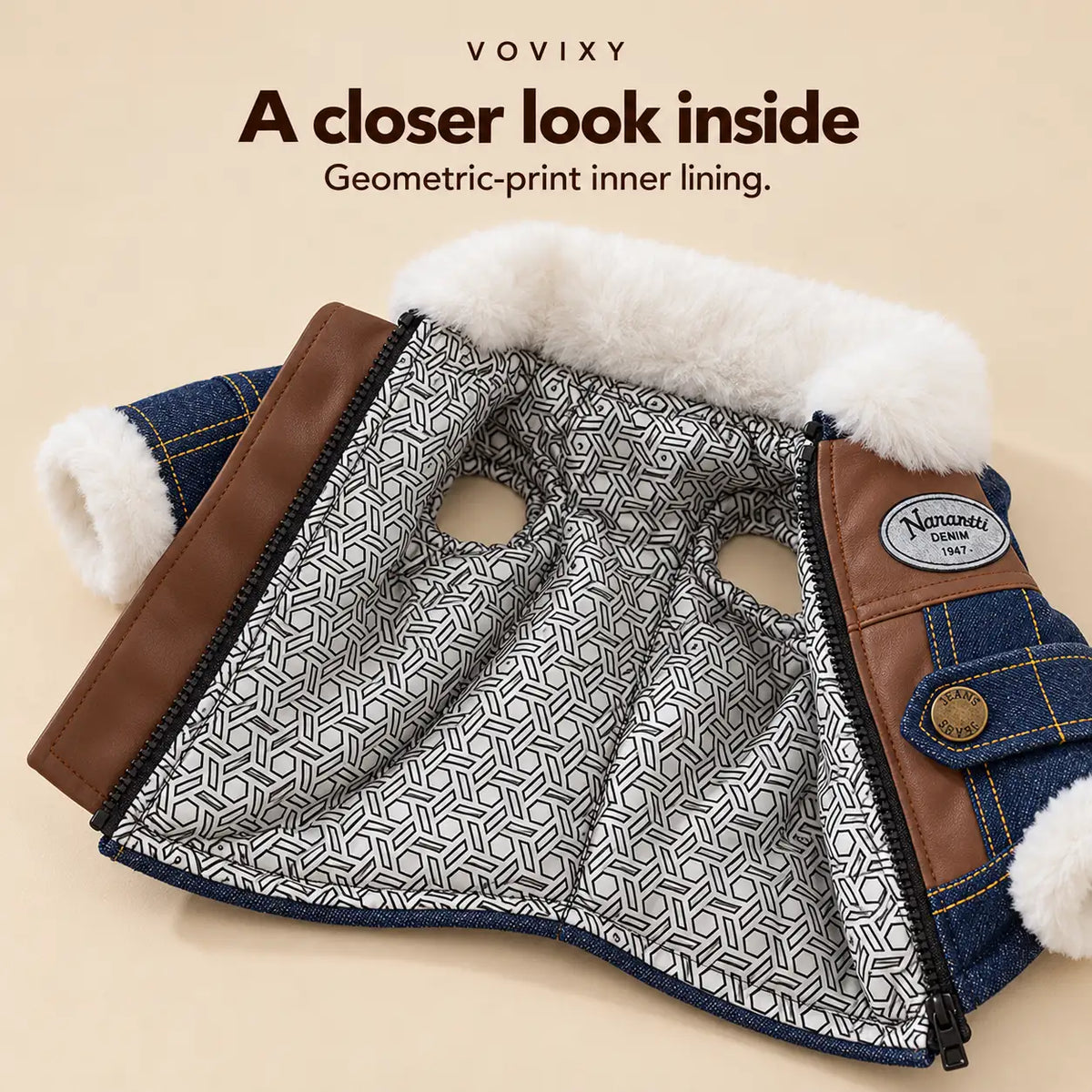 Denim pet jacket opened to show the black-and-white geometric inner lining