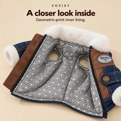 Denim pet jacket opened to show the black-and-white geometric inner lining