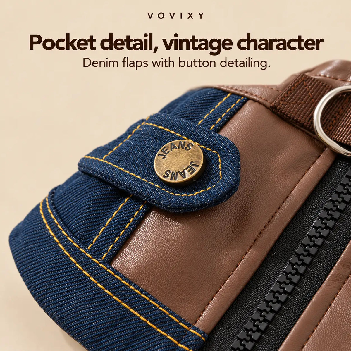 Close-up of a denim pocket flap, metal button and contrast stitching on the brown jacket panel