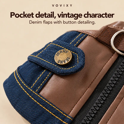 Close-up of a denim pocket flap, metal button and contrast stitching on the brown jacket panel