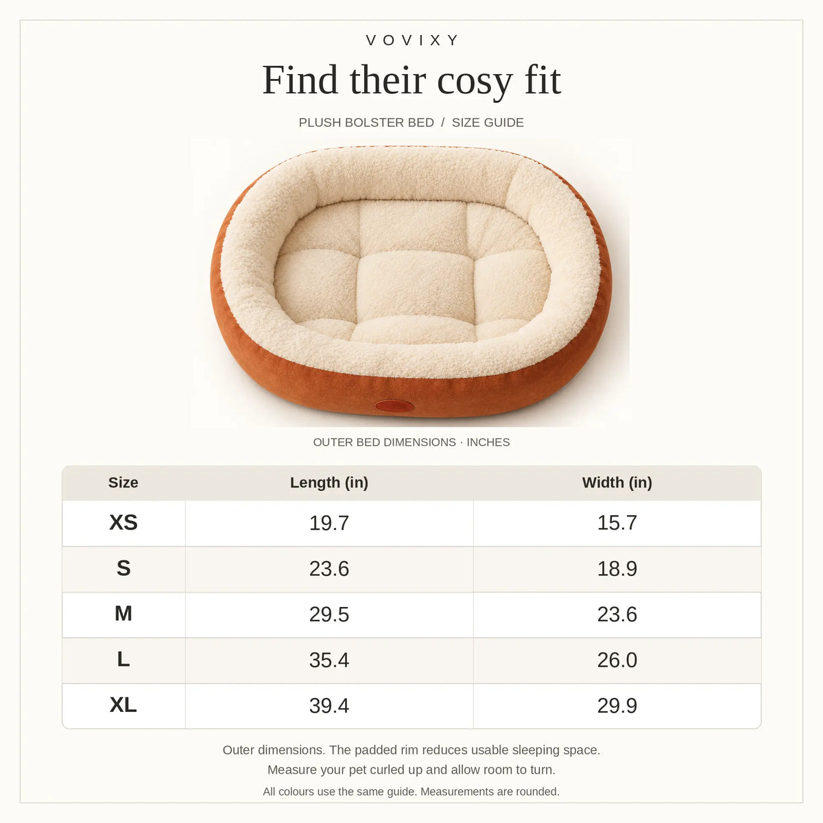 XS to XL plush bolster pet bed size guide showing outer length and width in inches