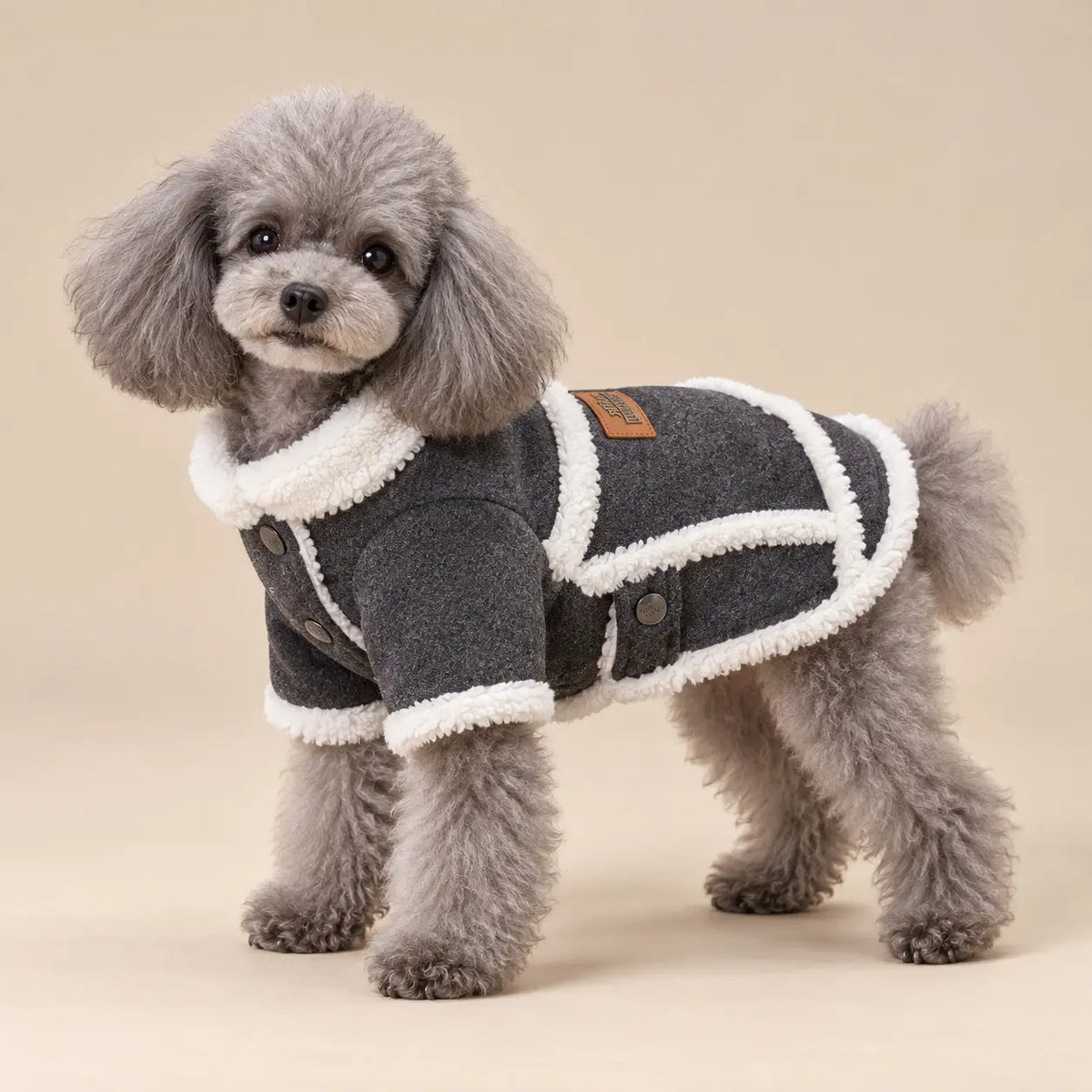 Grey Toy Poodle standing in a Dark Grey plush trim velvet winter dog coat